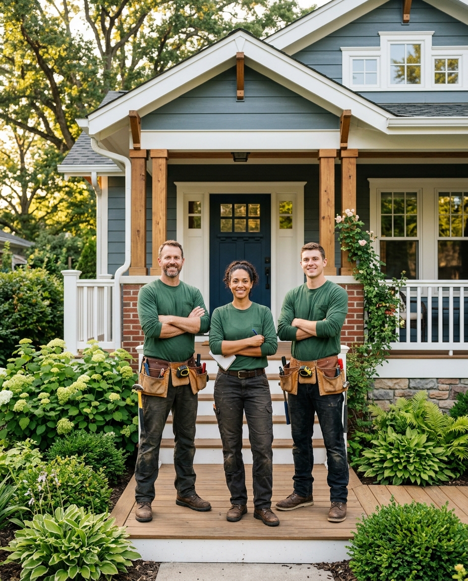 The Apex Home Services crew in front of a renovated craftsman house