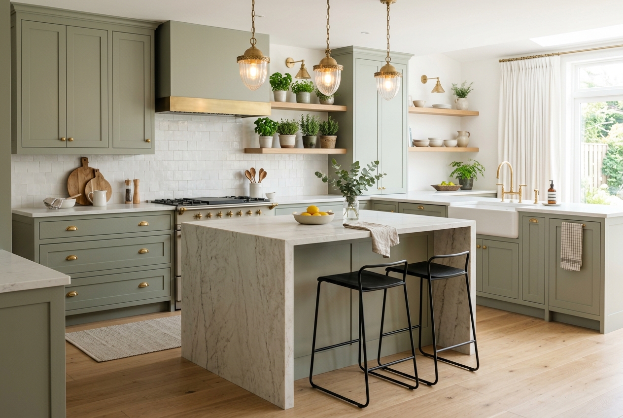 Finished modern kitchen renovation with stone island and sage cabinets