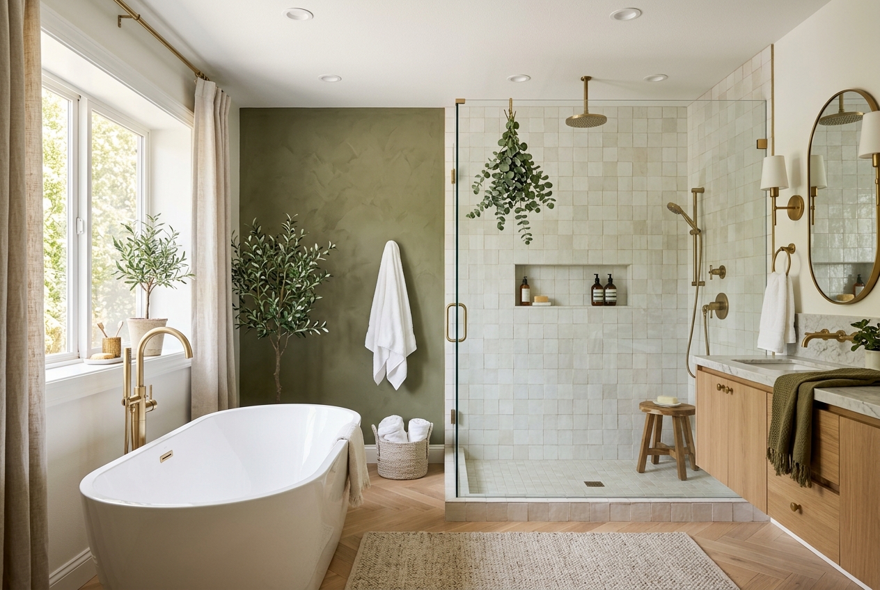 Luxury remodeled bathroom with freestanding tub and glass shower