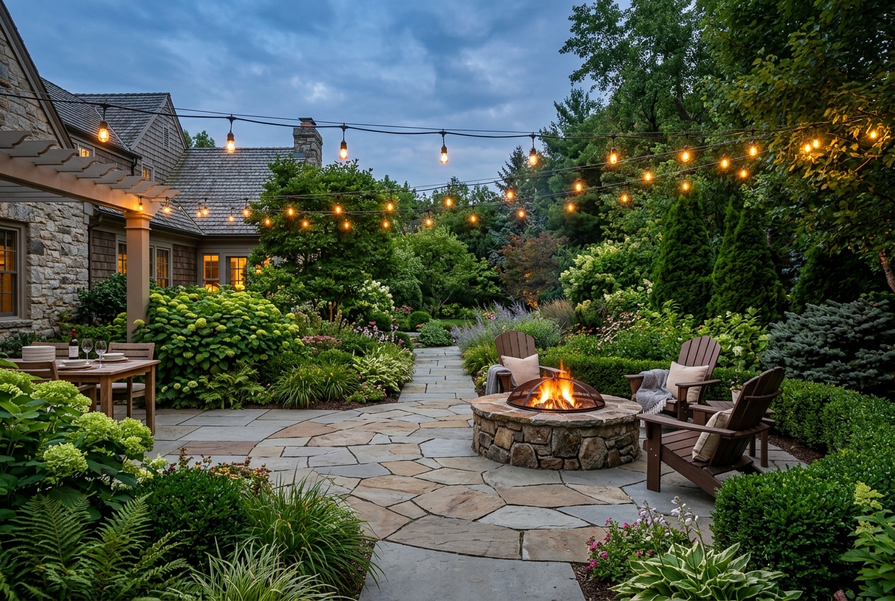 Stone paver patio with built-in fire pit and string lights
