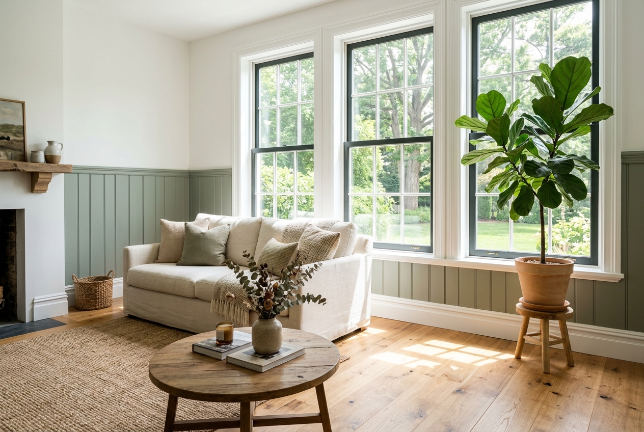 Renovated living room with refinished hardwood floors and green wainscoting