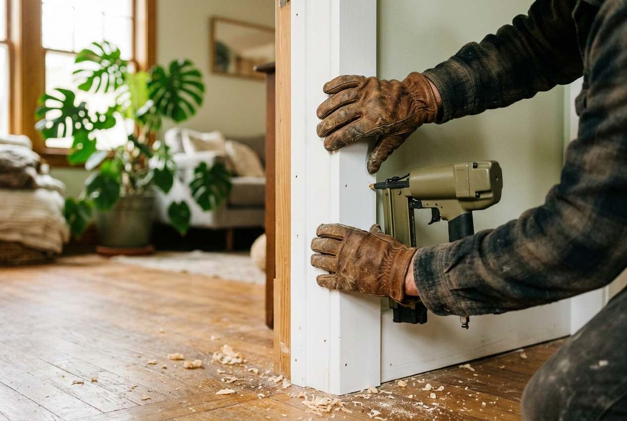 Carpenter installing white door trim with a finish nailer