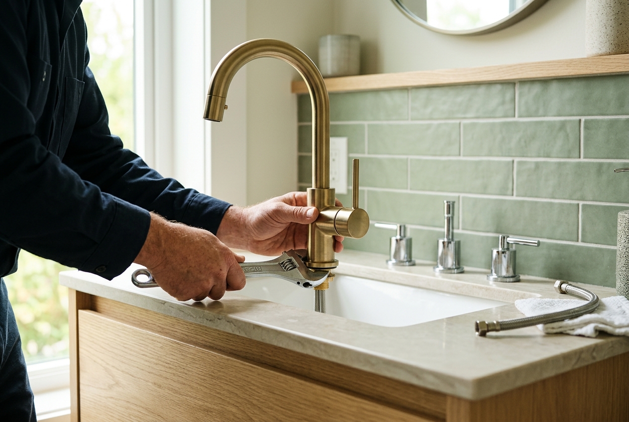 Plumber fitting a brass faucet on a ceramic sink